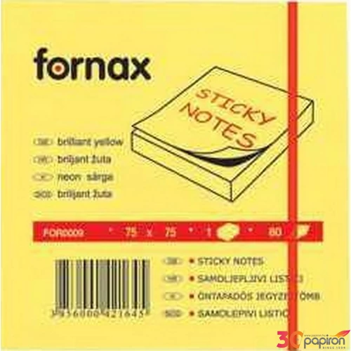Öntapadós jegyzettömb 75x75 Fornax neon sárga 80 lap