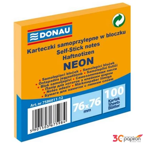 Öntapadós jegyzettömb Donau 76x76mm, 100 lap, neon narancssárga