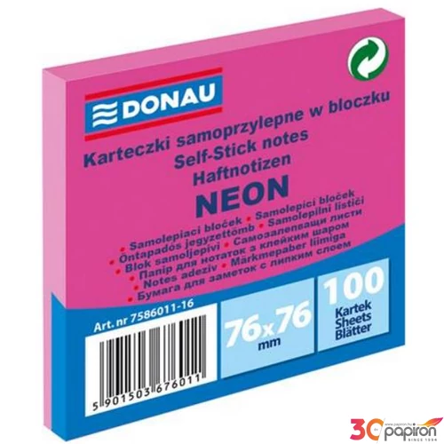 Öntapadós jegyzettömb Donau 76x76mm, 100 lap,neon rózsaszín D758616