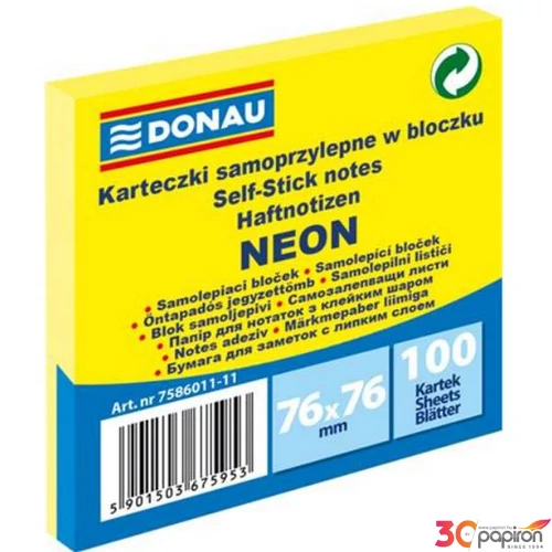 Öntapadós jegyzettömb Donau 76x76mm, 100 lap,neon sárga D758611