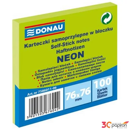 Öntapadós jegyzettömb Donau 76x76mm, 100 lap,neon zöld D758606
