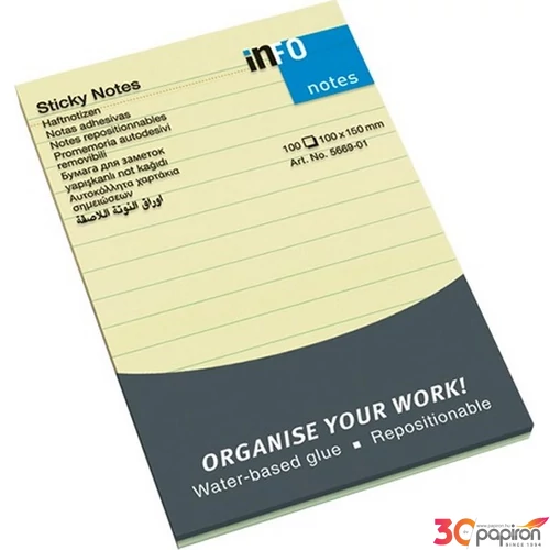 Öntapadós jegyzettömb Info Notes 100x150 mm 100 lapos sárga vonalas
