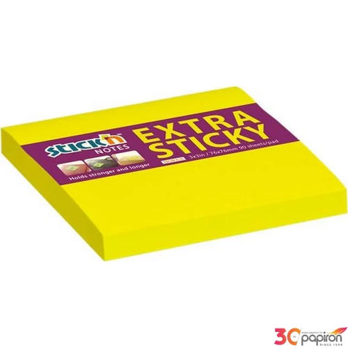 Öntapadós jegyzettömb Stick N 76x76mm, 90lap, Extra Sticky, neon sárga