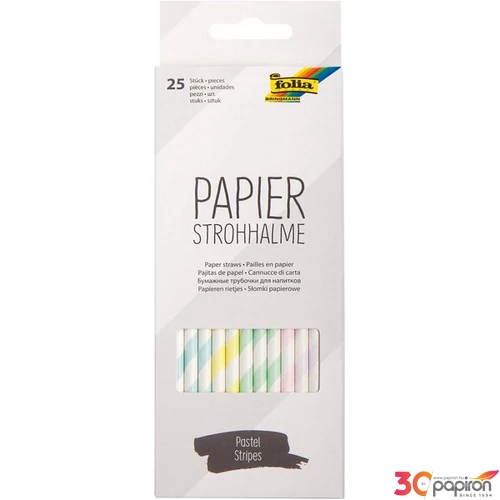 Papír szívószálak 20cm 25db/csomag nyomtatott pasztell csíkokkal