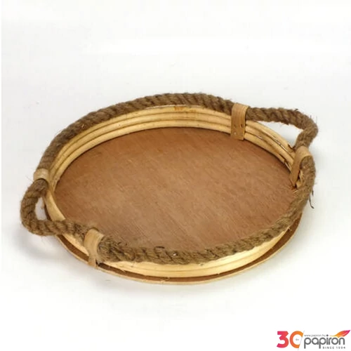 Tálca kerek fából kötél füles, 30cm átmérő, 5cm magasság