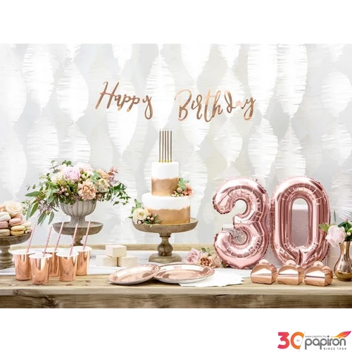 Party Banner Happy Birthday Rosegold, fólia felirat 16,5x62cm 2méteres szalagon