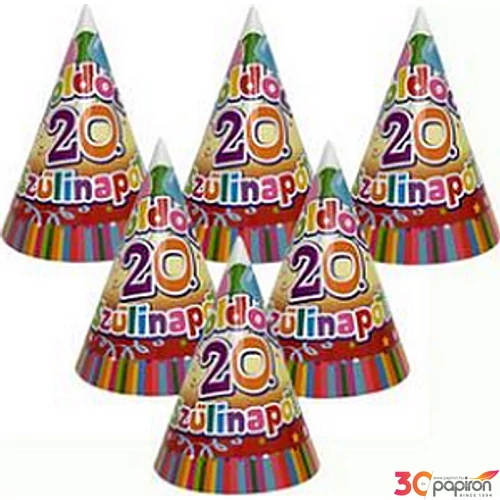 Party kalap Szülinapi színes Boldog 20. Szülinapot! feliratos lufis parti kalap (6db/csomag) Happy Birthday