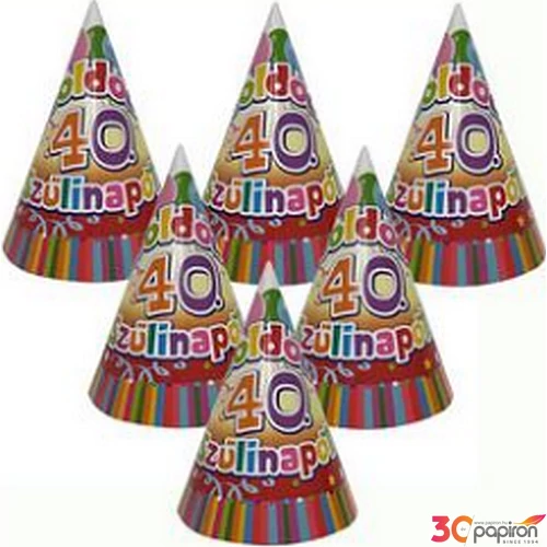 Party kalap Szülinapi színes Boldog 40. Szülinapot! feliratos lufis parti kalap (6db/csomag) Happy Birthday