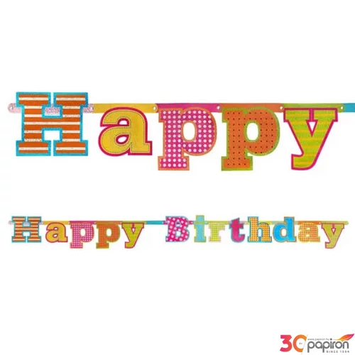 Party banner Happy Birthday betű fűzér hologramos, 16x166cm
