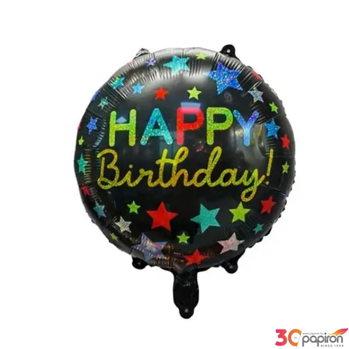Party fólia lufi fekete, csillagos 45cm Happy Birthday felirattal