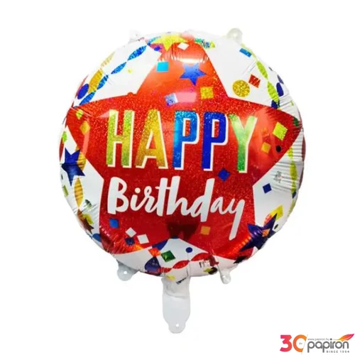 Party fólia lufi fehér, piros csillagos 45cm Happy Birthday felirattal
