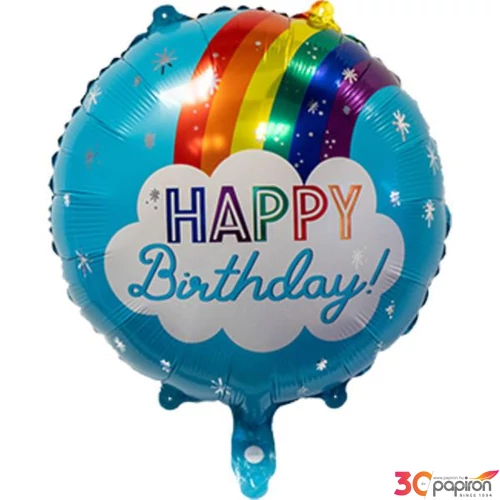 Party fólia lufi világos kék szivárványos 45cm Happy Birthday felirattal