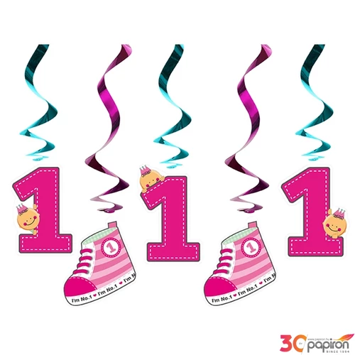 Party függő dekor spirálos Bébi cipős,pink,60cm,5db-os 1. születésnapra