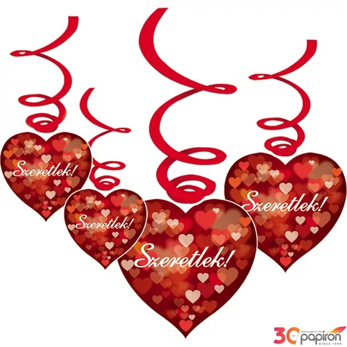 Party függő Valentin napi Szeretlek! feliratos szív alakú parti függő piros-fehér (6db/csomag)