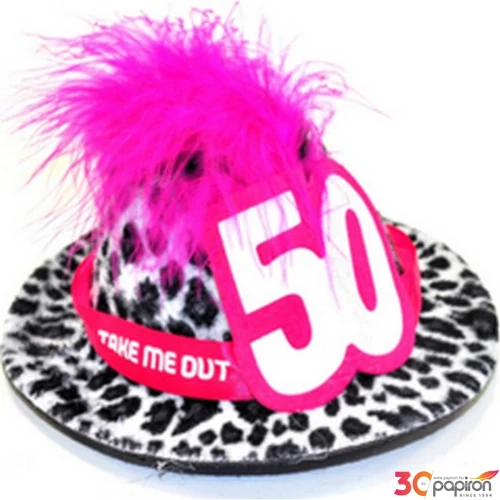 Party kalap szülinapi 50. Párducmintás mini kalap pink tollal 50-es felirattal