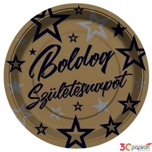 Party tányér 23cm arany, boldog születésnapot