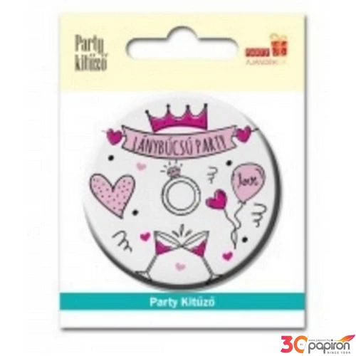 Party Party kitűző 5,8cm lánybúcsúra, pink korona, lufi,szív gyűrű, pohár