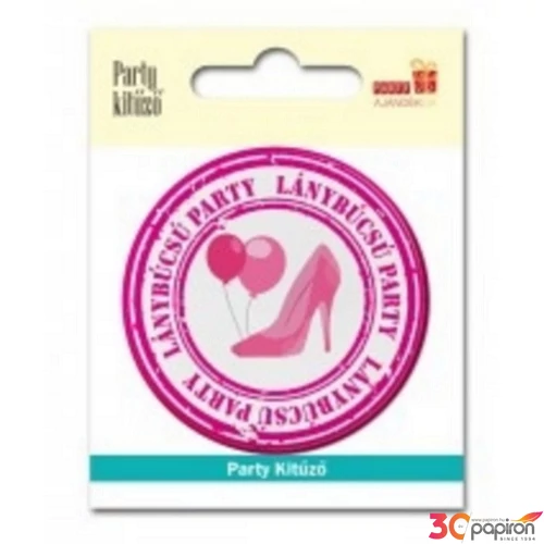 Party Party kitűző 5,8cm lánybúcsúra, pink lufi és magassarkú cipő