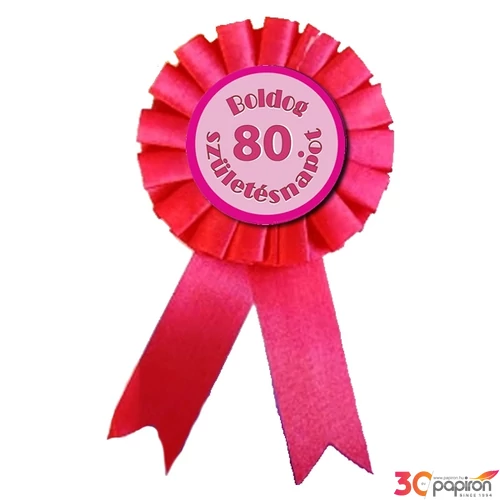 Party kitűző évszámos rózsaszín, Boldog 80. születésnapot