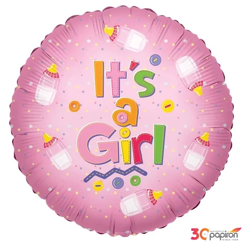 Party Lufi fólia 18" /45cm kerek alakú, it's a girl cumisüveggel