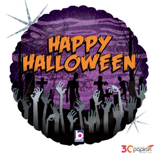Party Lufi Halloween 46cm 21' Happy Hallowen felirat, zombi kezes hologrammos Fólia Léggömb+hélium