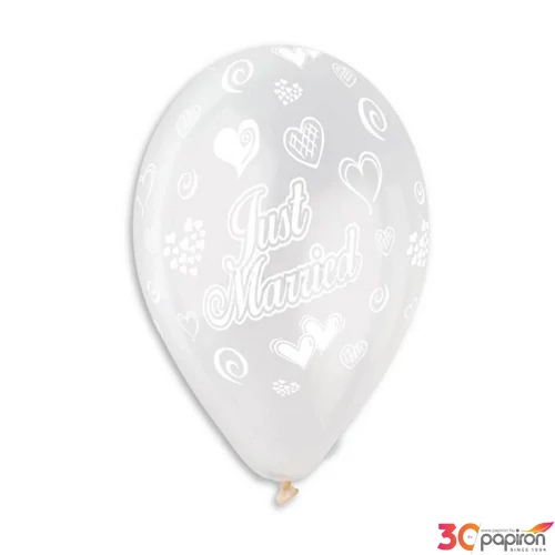 Party Lufi esküvői 30cm-es, Just Married szives átlátszó printelt, 10db/csomag
