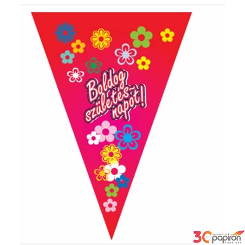 Party dekor zászló szülinapra Boldog Születésnapot, piros színű Egy fűzér hossza: 2,5 m, 10 db zászló
