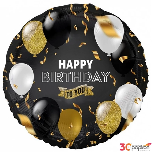 Party Lufi fólia 18" 46cm gömb alakú, Happy Birthday felirattal fekete-arany