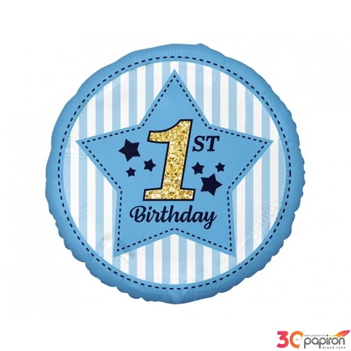 Party Lufi fólia 18inch gömb alakú, Happy Birthday 1-es kék Fólia léggömb+hélium
