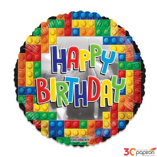 Partylufi fólia 18inch gömb alakú, Happy Birthday kockás Fólia léggömb+hélium