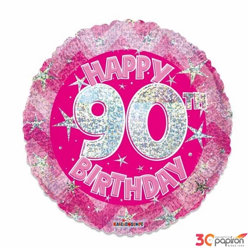 Party Lufi fólia szülinapos 90.évszámos, hologramos pink Happy Birthday