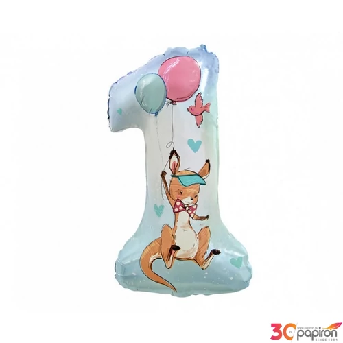 Party Lufi fólia szülinapra 1-es szám, kenguru mintás 30"-es 77cm