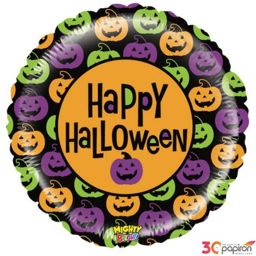 Party Lufi Halloween 53cm 21' Happy Halloween feliratú, tökös hologrammos Fólia Léggömb+hélium