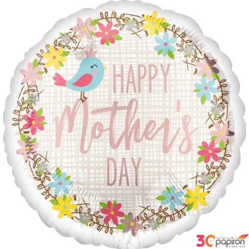 Party Lufi madárkás 18"-45cm Happy Mother's Day feliratos Fólia Léggömb+hélium