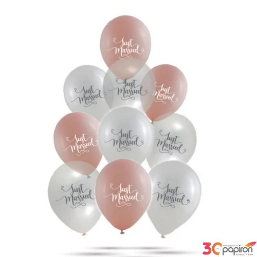 Party Lufi mintás átlátszó-rosegold-fehér, 30 cm 10 db/cs Just married felirattal