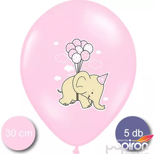 Party Lufi mintás rózsaszín 5db/csomag, elefántos, fehér pöttyös