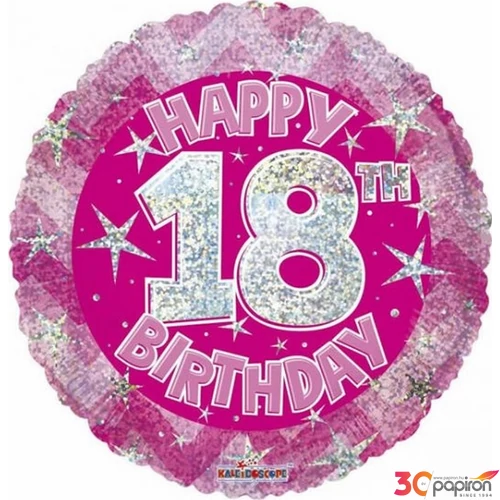 Party Lufi szülinapi 18"-46cm 18th Happy Birthday Pink Sparkle mintás Hologrammos Fólia Léggömb+hélium