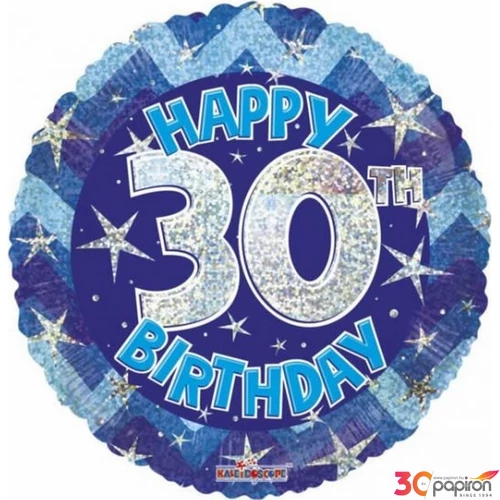 Partylufi szülinapi 18"-46cm 30th Happy Birthday Blue Sparkle mintás Hologrammos fólia Léggömb+hélium