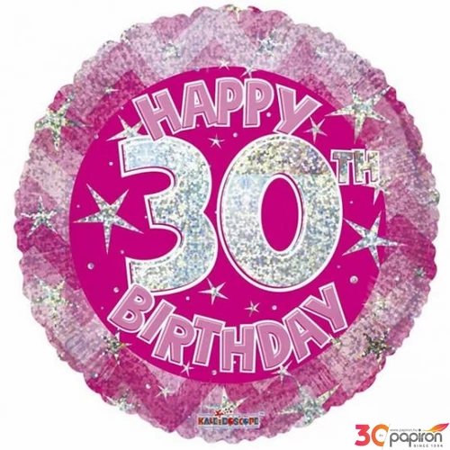 Party Lufi szülinapi 18"-46cm 30th Happy Birthday Pink Sparkle mintás Hologrammos Fólia Léggömb+hélium