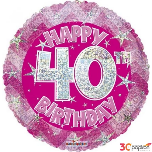 Party Lufi szülinapi 18"-46cm 40th Happy Birthday Pink Sparkle mintás Hologrammos Fólia Léggömb+hélium