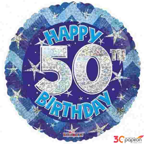 Party Lufi szülinapi 18"-46cm 50th Happy Birthday Blue Sparkle mintás Hologrammos Fólia Léggömb+hélium