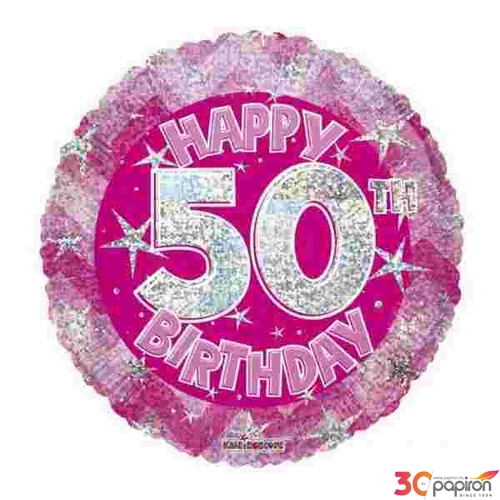 Party Lufi szülinapi 18"-46cm 50th Happy Birthday Pink Sparkle mintás Hologrammos Fólia Léggömb+hélium