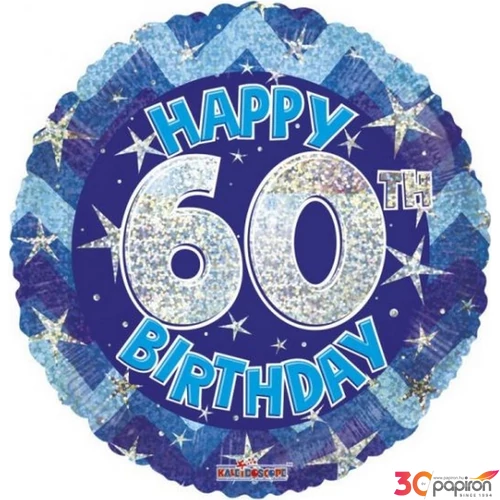 Party Lufi szülinapi 18"-46cm 60th Happy Birthday Blue Sparkle mintás Hologrammos Fólia Léggömb+hélium