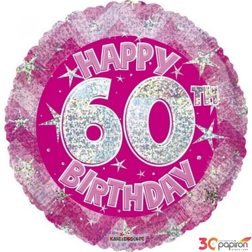 Party Lufi szülinapi 18"-46cm 60th Happy Birthday Pink Sparkle mintás Hologrammos Fólia Léggömb+hélium