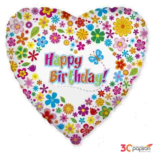 Party Lufi szülinapi 18"-46cm Virág mintás Szív alakú Happy Birthday! feliratos Fólia Léggömb+hélium