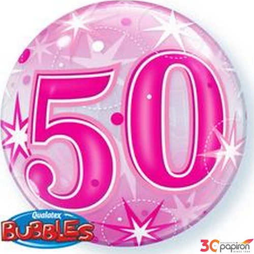 Party Lufi szülinapi 22"/56cm 50-es Pink Starburst Sparkle Bubble Számos Csillagos Fólia Léggömb+hélium