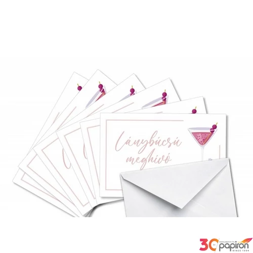 Party Meghívó lánybúcsúra koktélpoharas, jeggyűrűs 6db meghívó 6db boríték