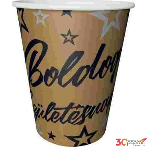 Party pohár papír 220ml metál arany színű (8db/csomag) csillag mintás, Boldog Születésnapot feliratos.
