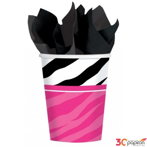 Party pohár papír 266ml Zebra csíkos fekete/pink 8db/csomag