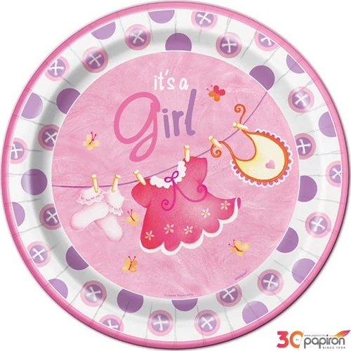 Party tányér papír 23cm It's a girl, 8db/csomag, rózsaszín